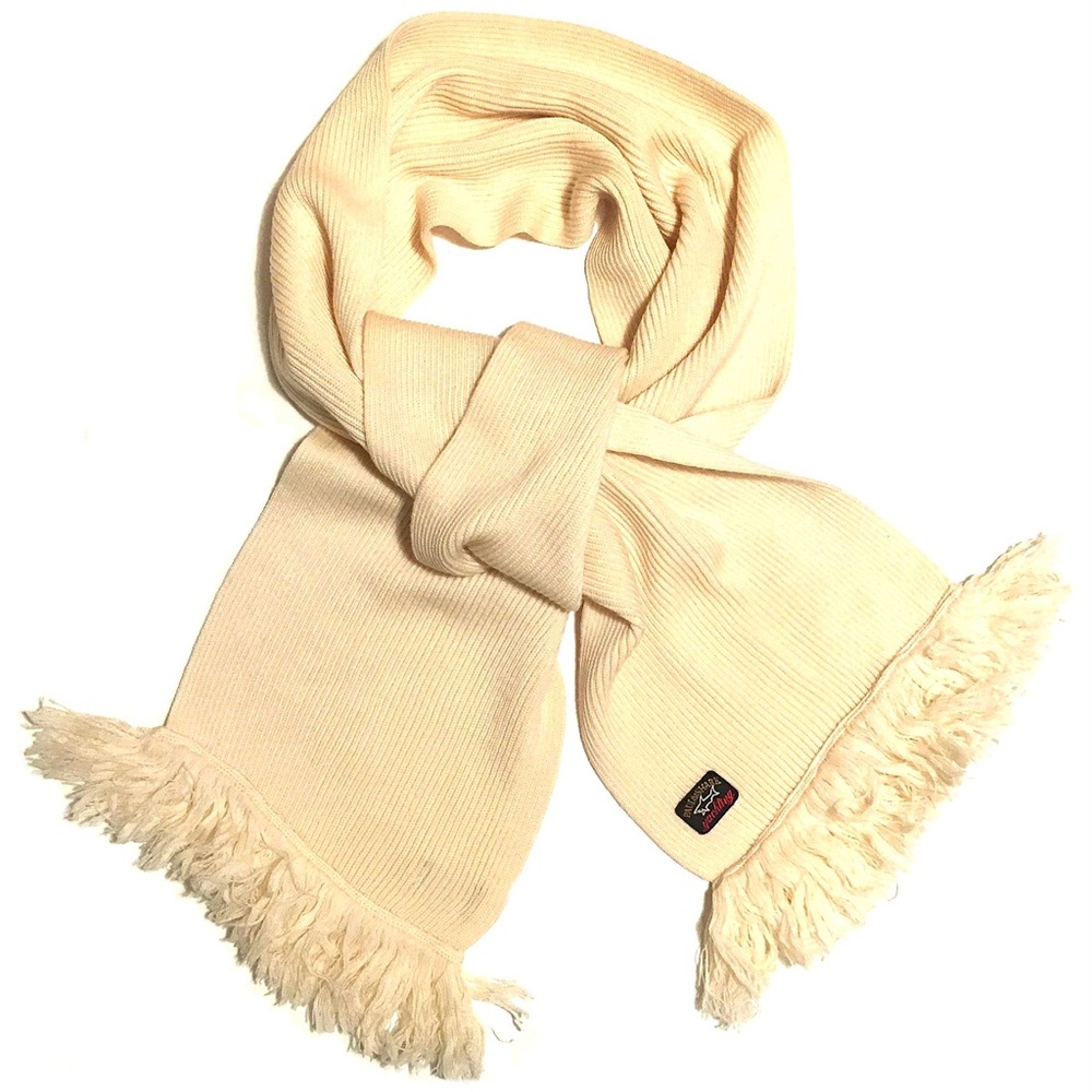 Paul & Shark Scarf Yachting Bretagne Fringe Tassel Ribbed Knit Wool Ivory Cream